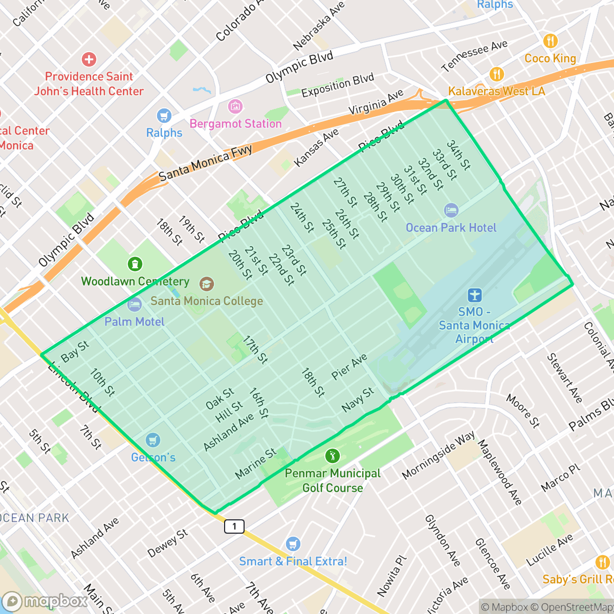 Map showing the location of Sunset Park, Santa Monica, CA