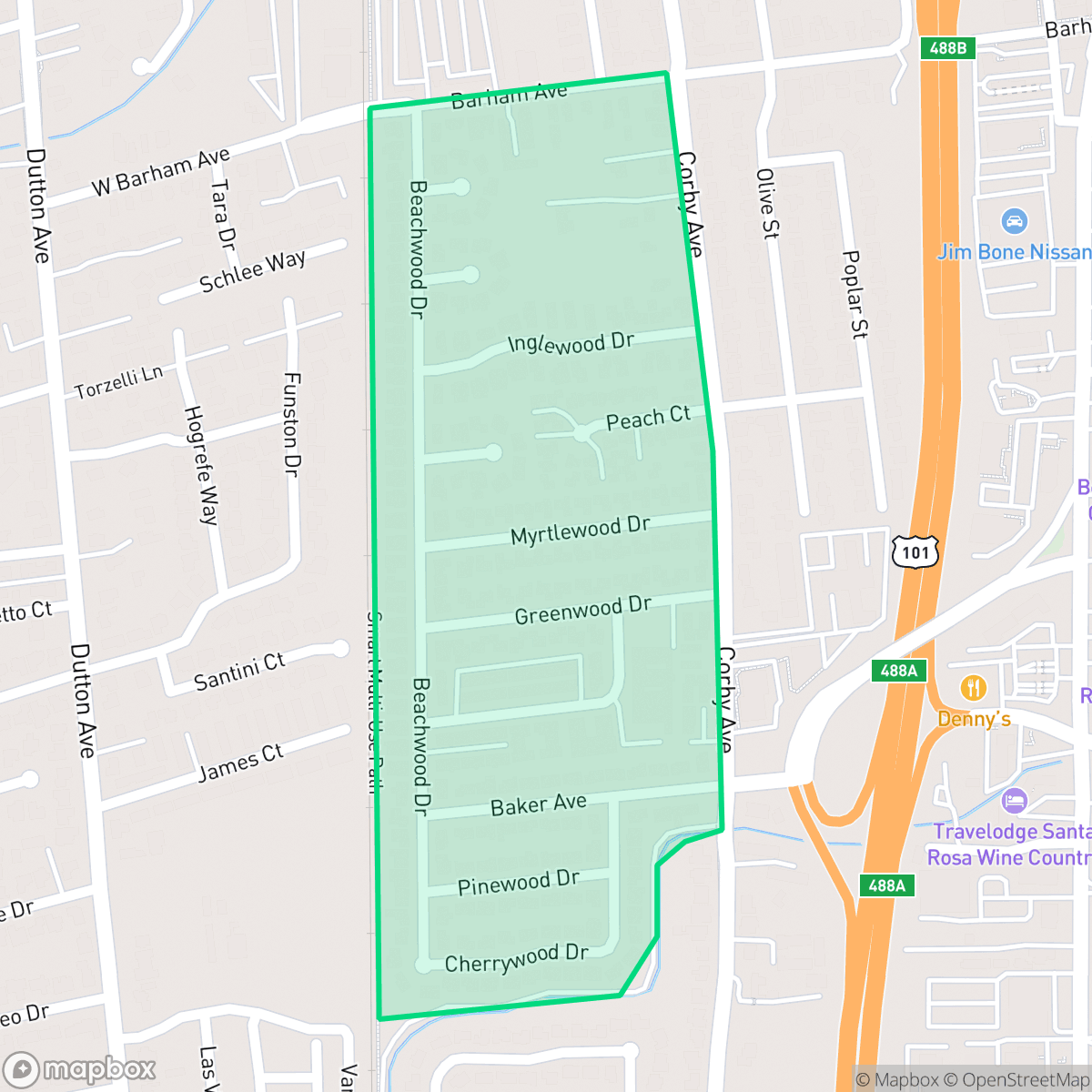 Map showing the location of Corby/Beachwood, Santa Rosa, CA