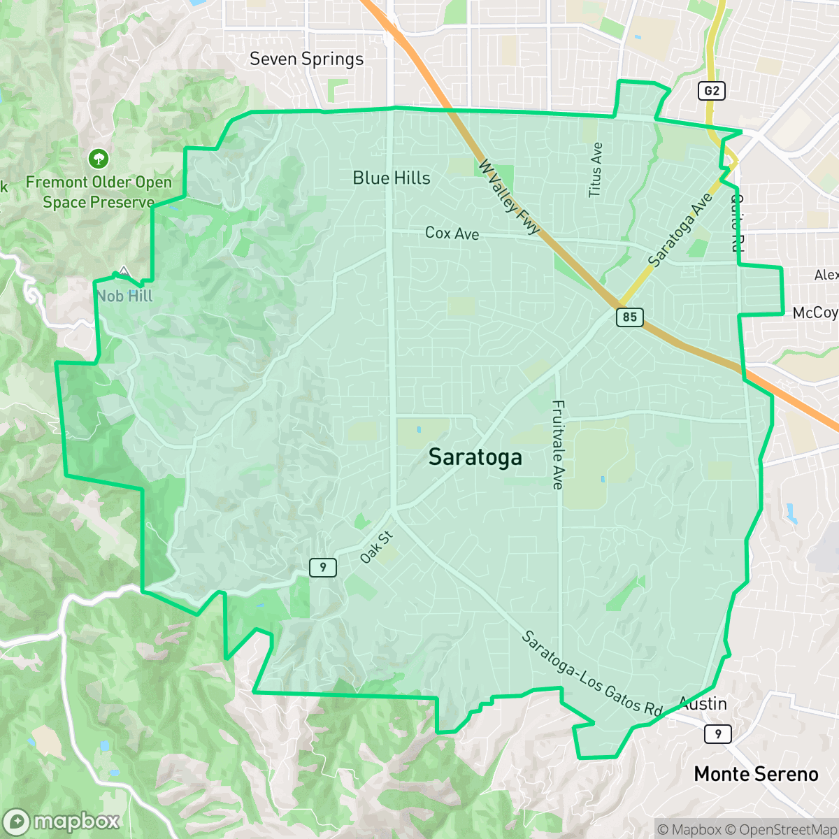 Map showing the location of Saratoga, CA — coverage area
