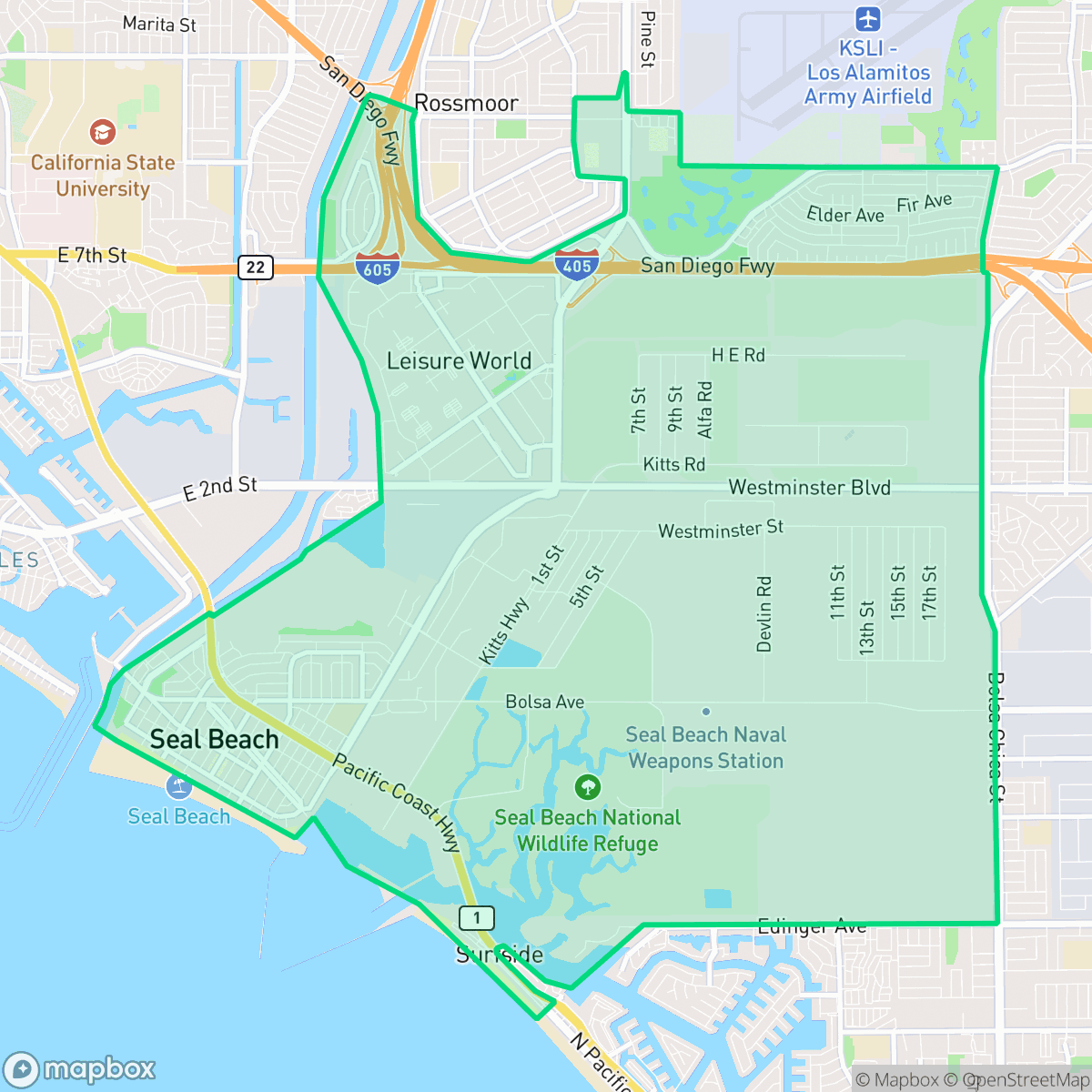 Map showing the location of Seal Beach, CA — coverage area