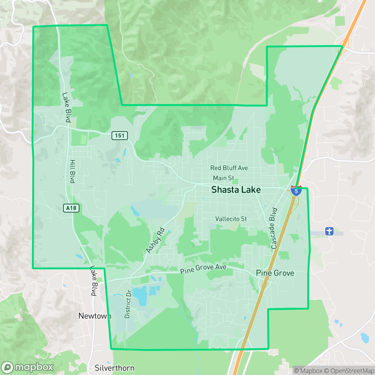 Map showing the location of Shasta Lake, CA — coverage area