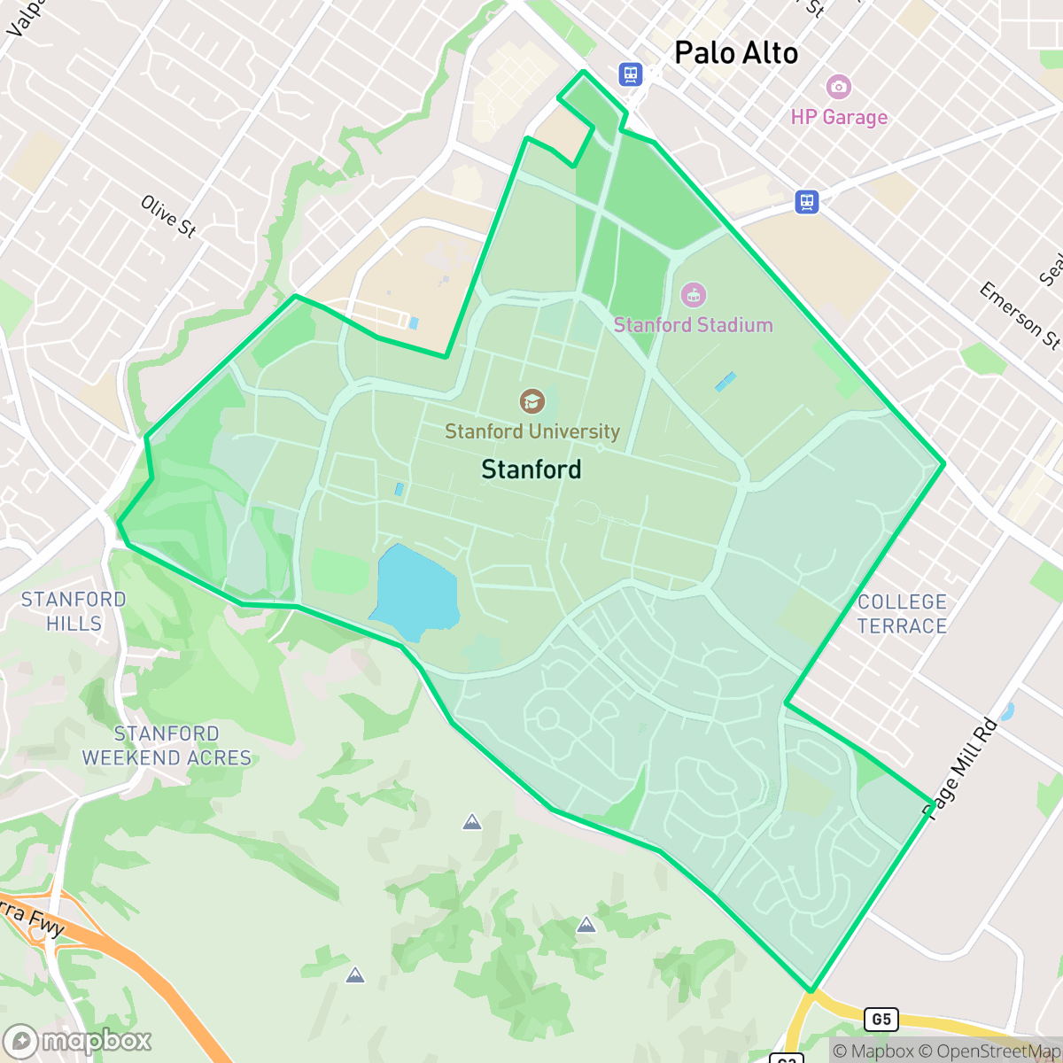 Map showing the location of Stanford, CA — coverage area