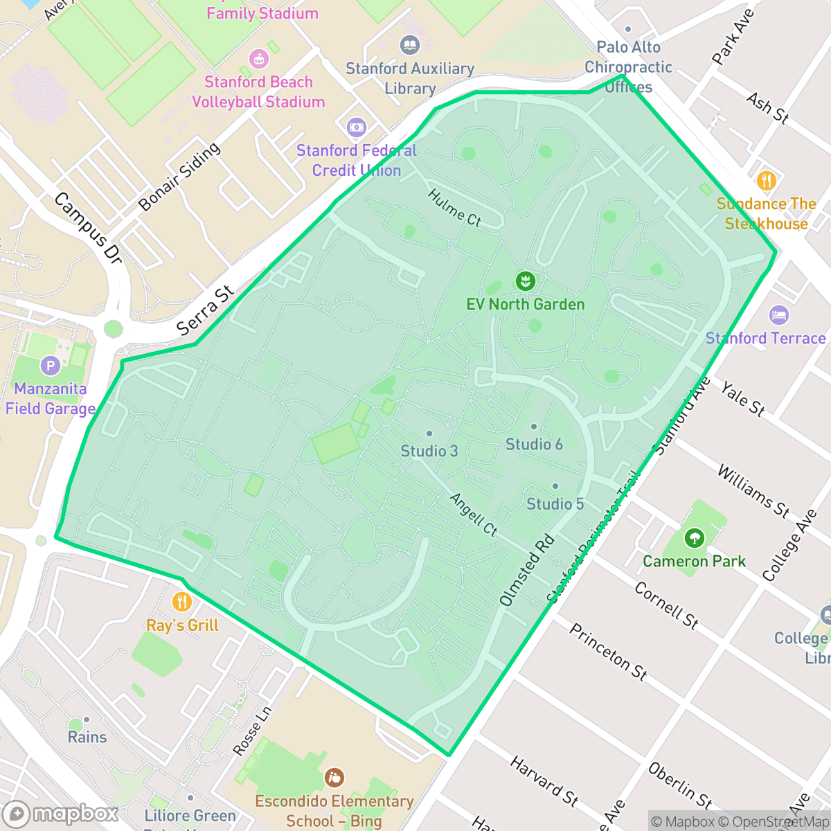 Map showing the location of Escondido Village, Stanford, CA
