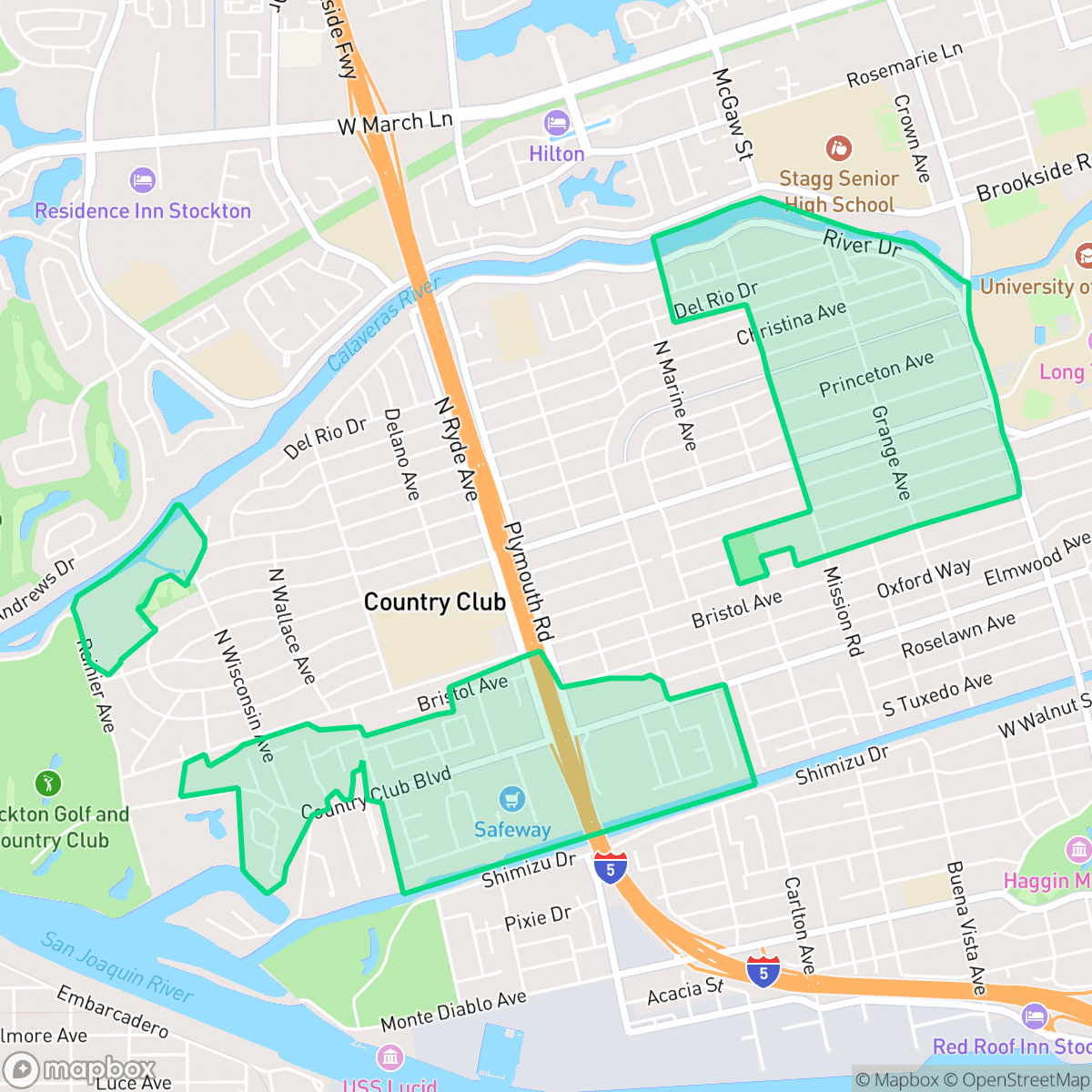 Map showing the location of Country Club, Stockton, CA