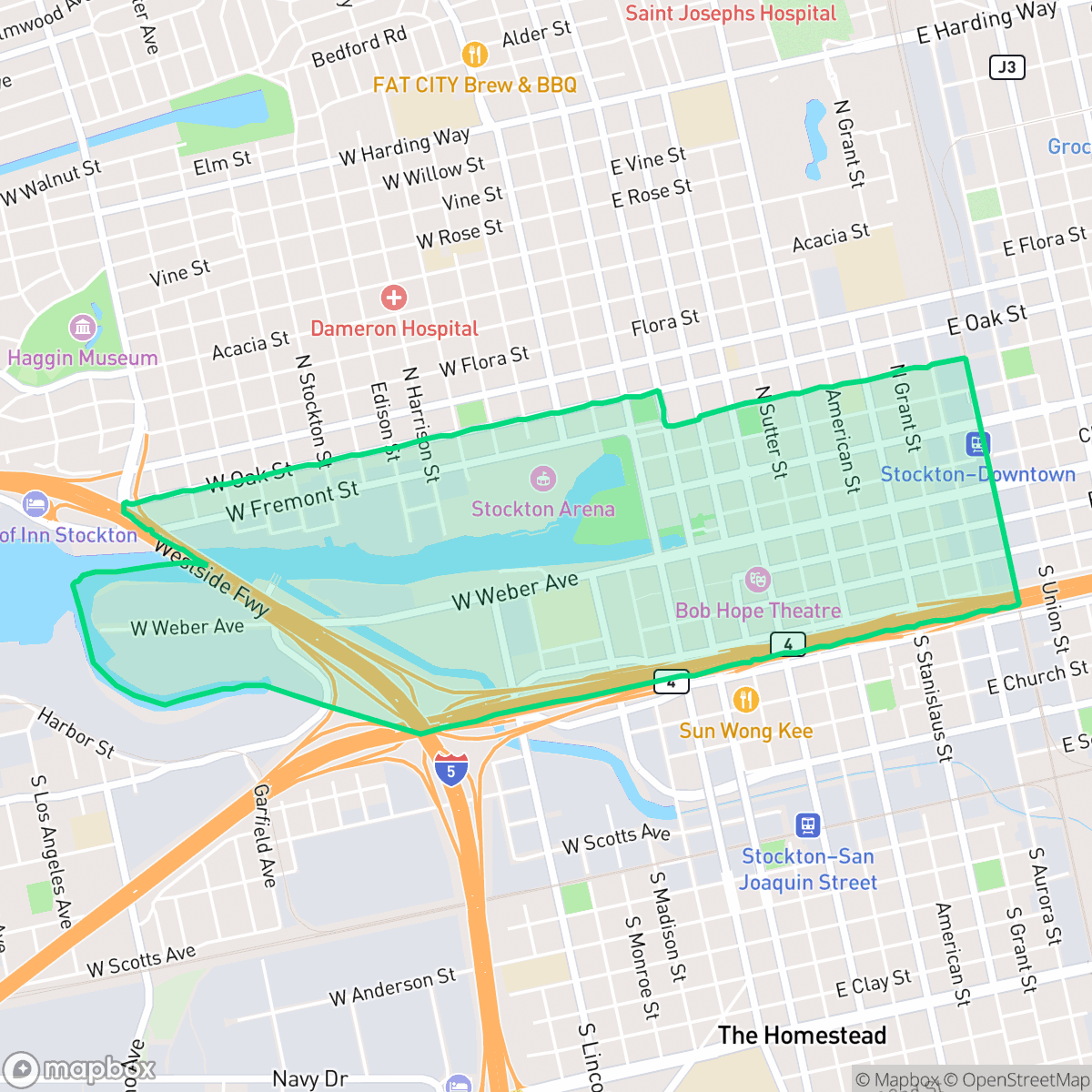 Map showing the location of Downtown, Stockton, CA