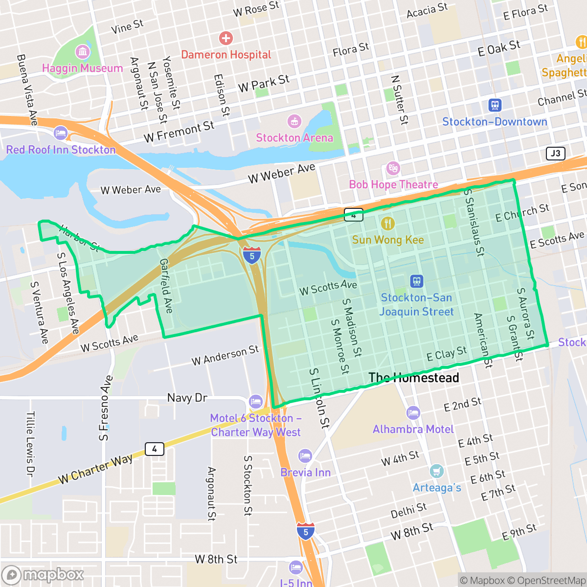 Map showing the location of Gleason Park, Stockton, CA