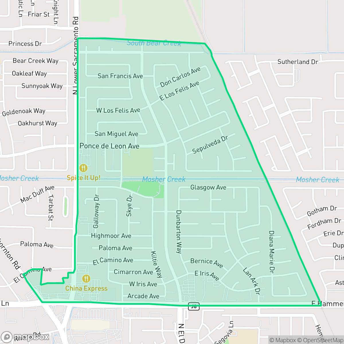 Map showing the location of Ponce de Leon, Stockton, CA