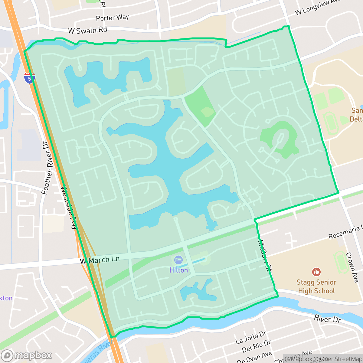 Map showing the location of Quail Lakes - Venetian Bridges, Stockton, CA