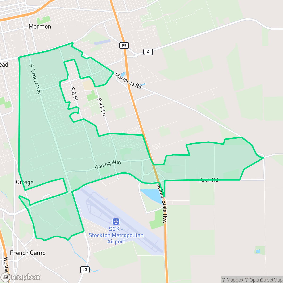 Map showing the location of Stockton Metropolitan Airport, Stockton, CA