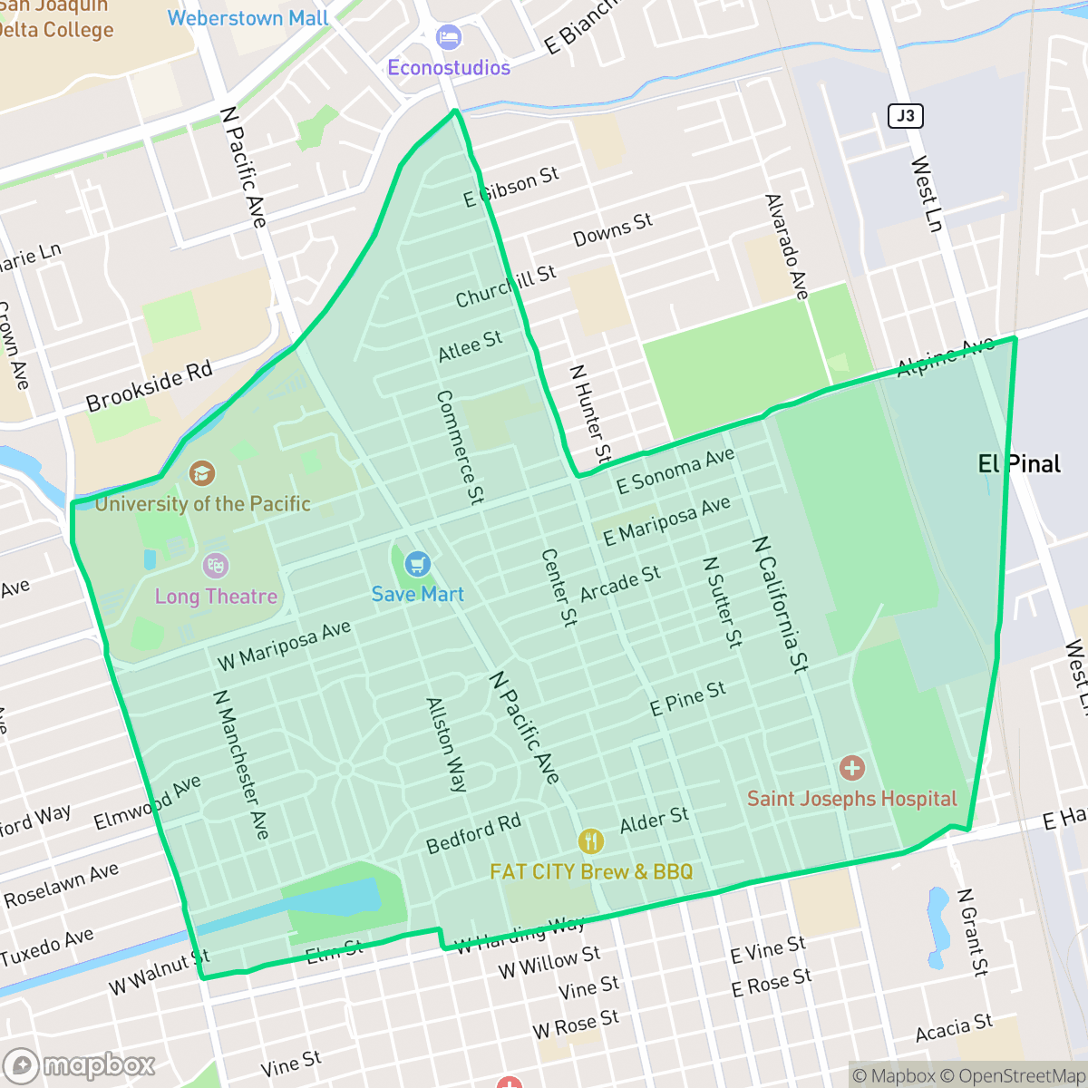 Map showing the location of University, Stockton, CA
