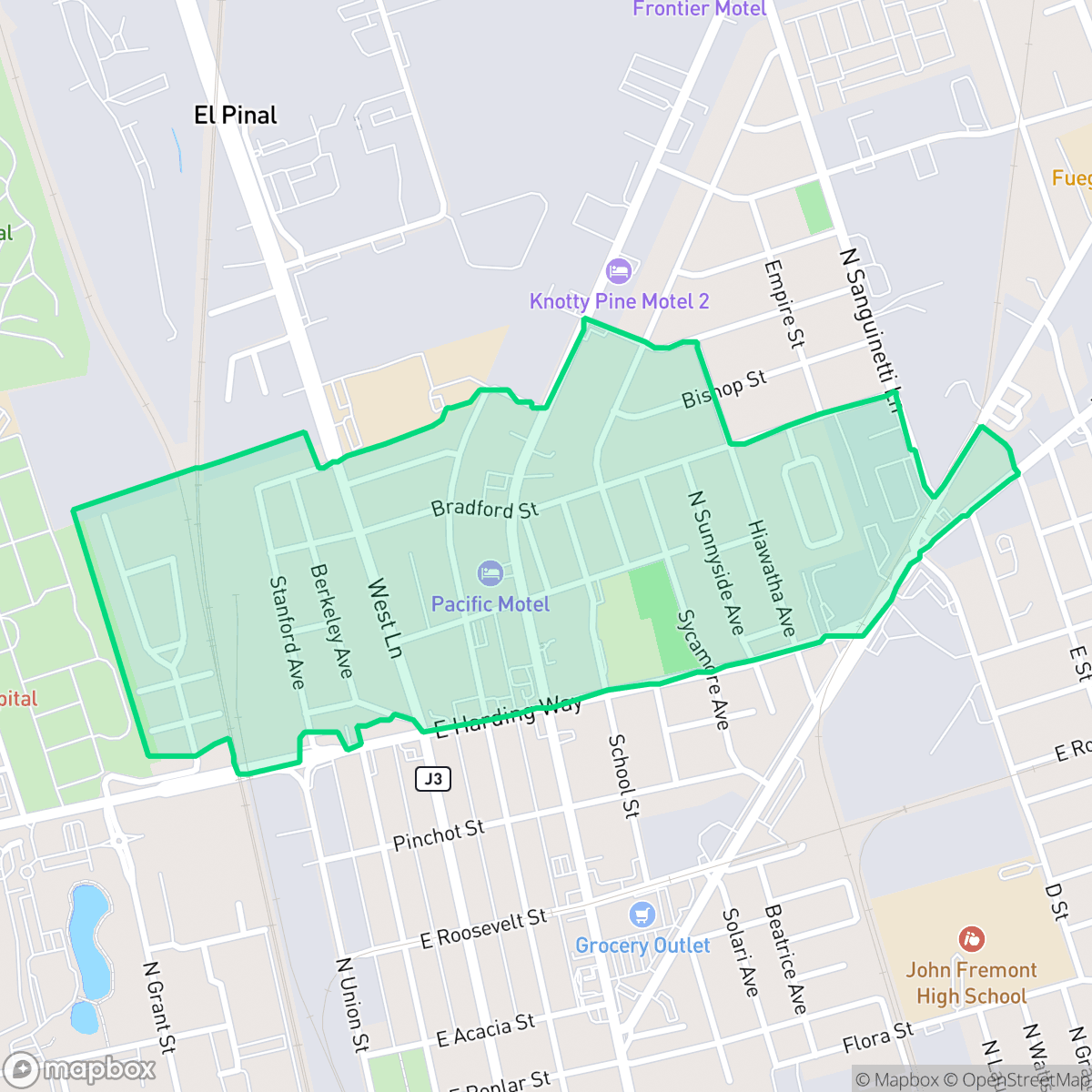 Map showing the location of Wilson Heights, Stockton, CA