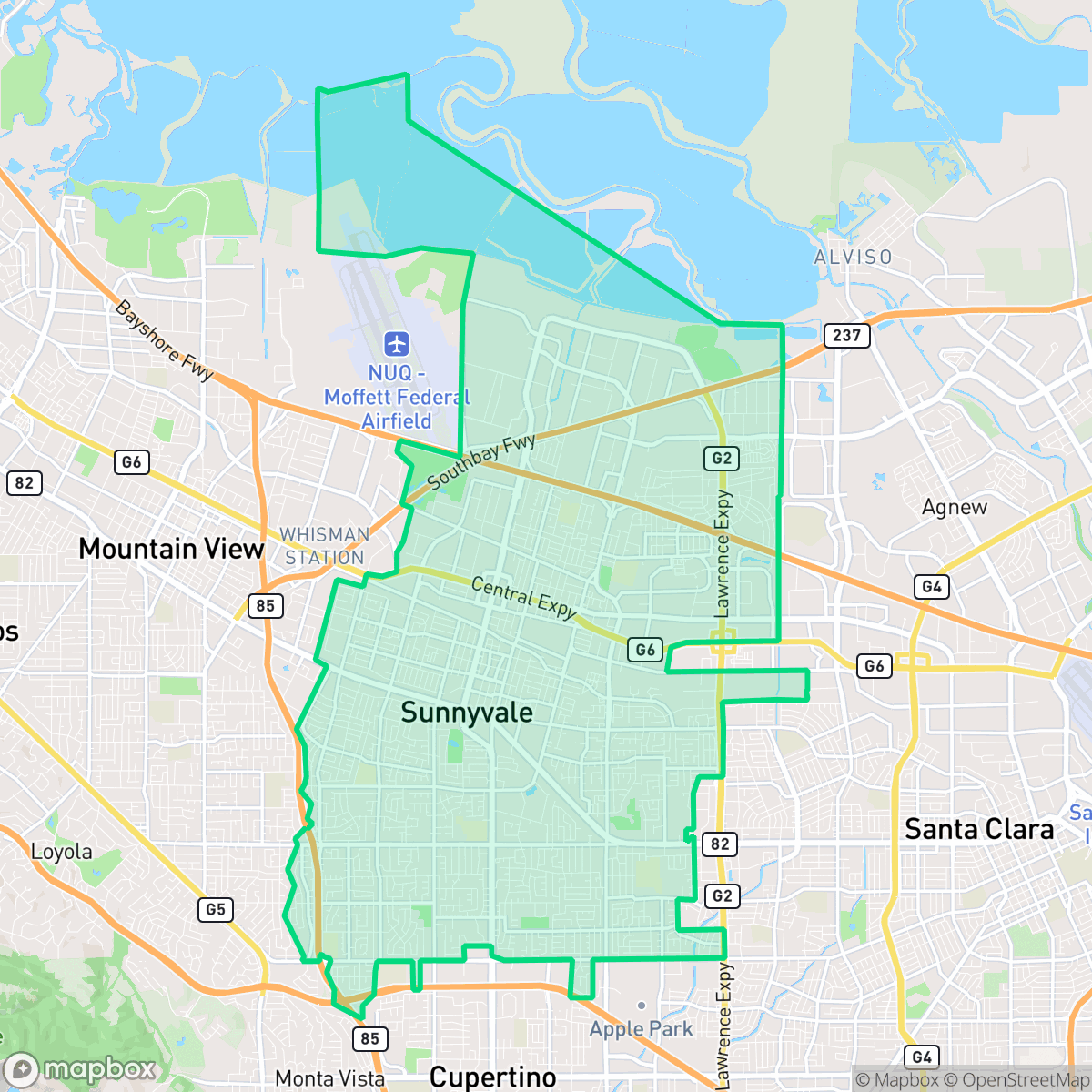 Map showing the location of Sunnyvale, CA — coverage area