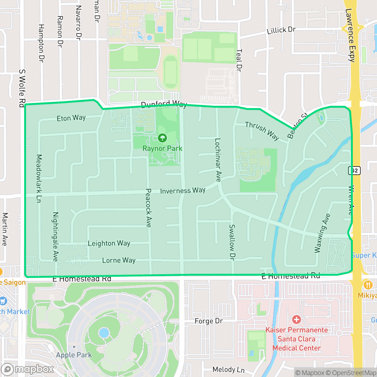 Map showing the location of Birdland, Sunnyvale, CA