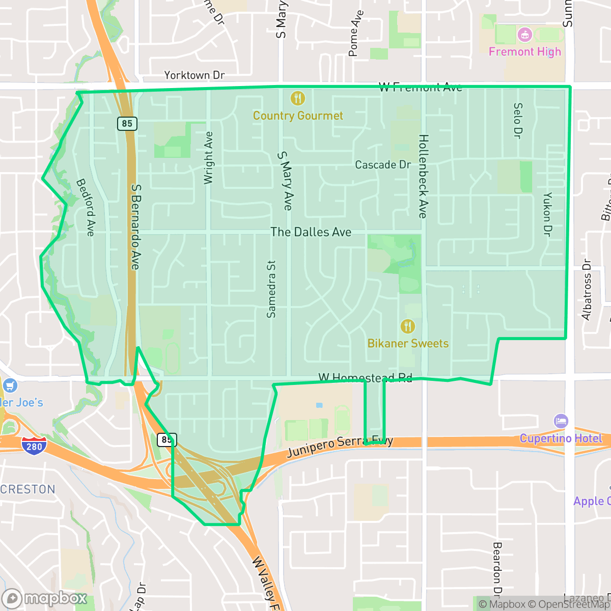 Map showing the location of Serra, Sunnyvale, CA