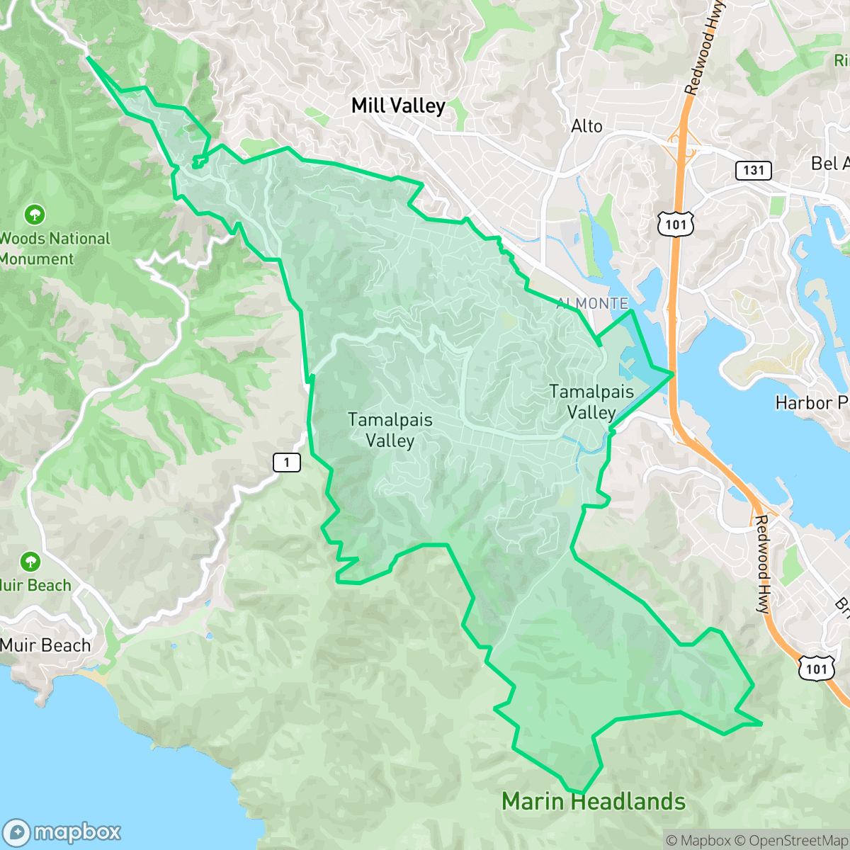 Map showing the location of Tamalpais-Homestead Valley, CA — coverage area