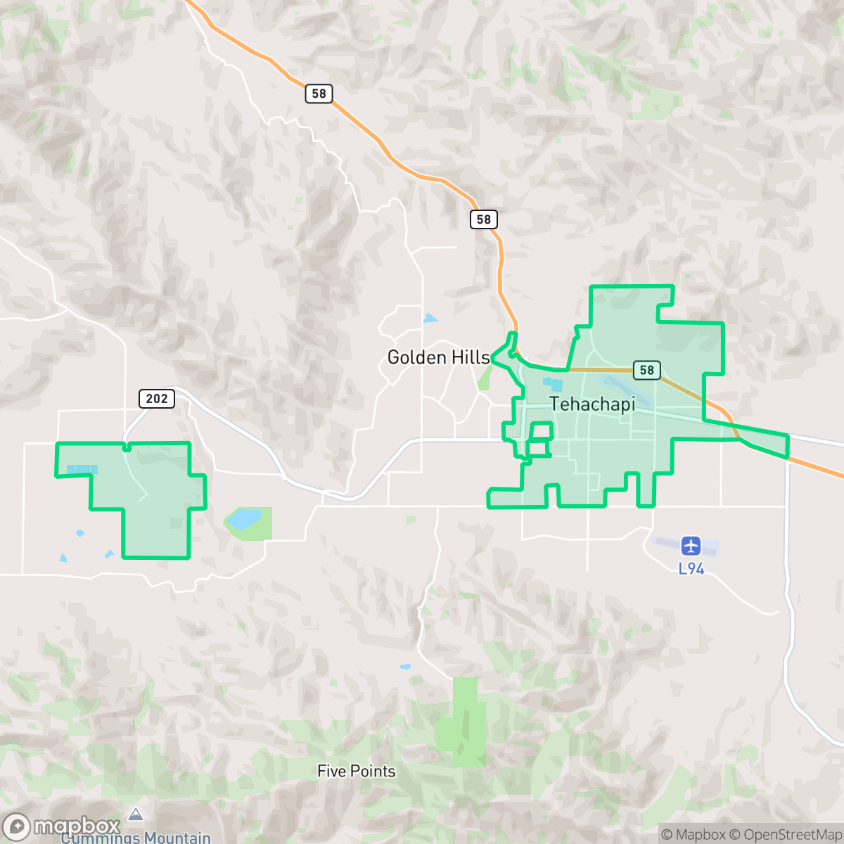 Map showing the location of Tehachapi, CA — coverage area