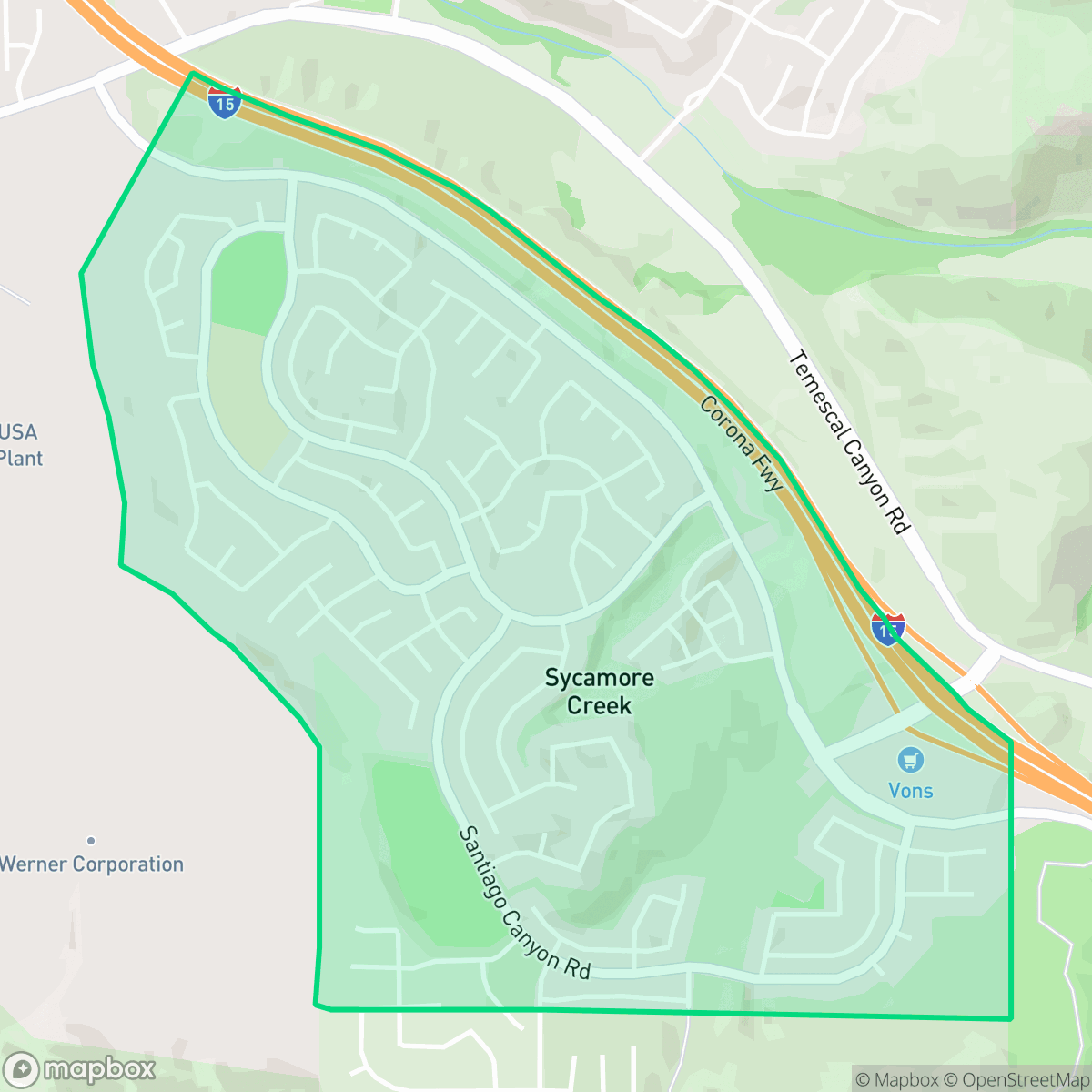 Map showing the location of Sycamore Creek, Temescal Valley, CA