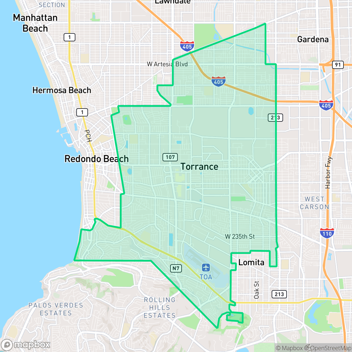 Map showing the location of Torrance, CA — coverage area