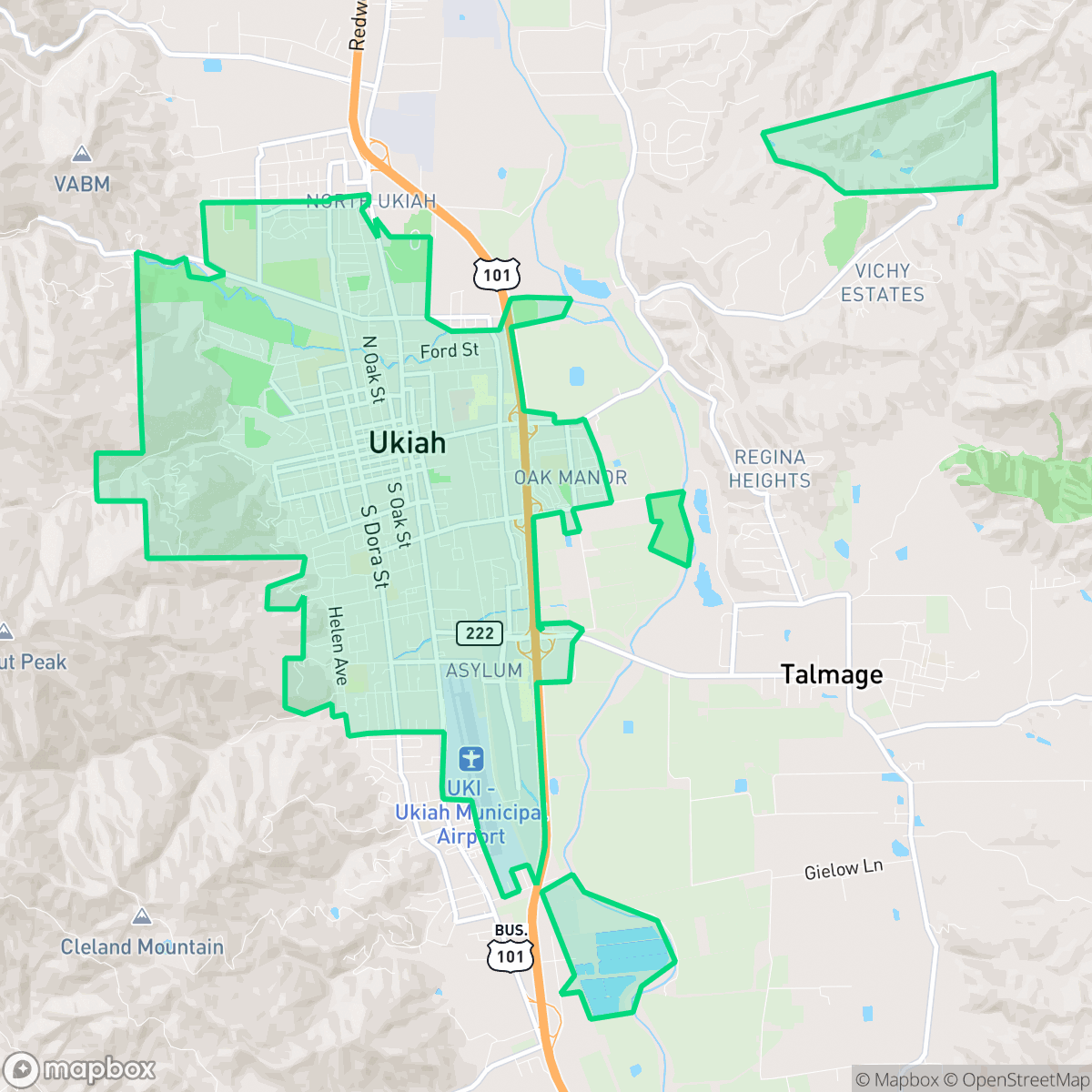 Map showing the location of Ukiah, CA — coverage area
