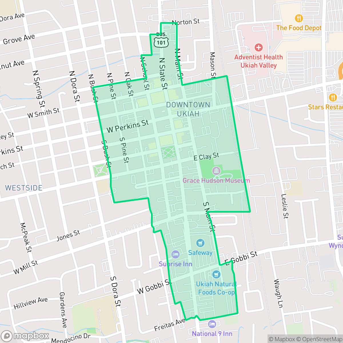 Map showing the location of Downtown, Ukiah, CA