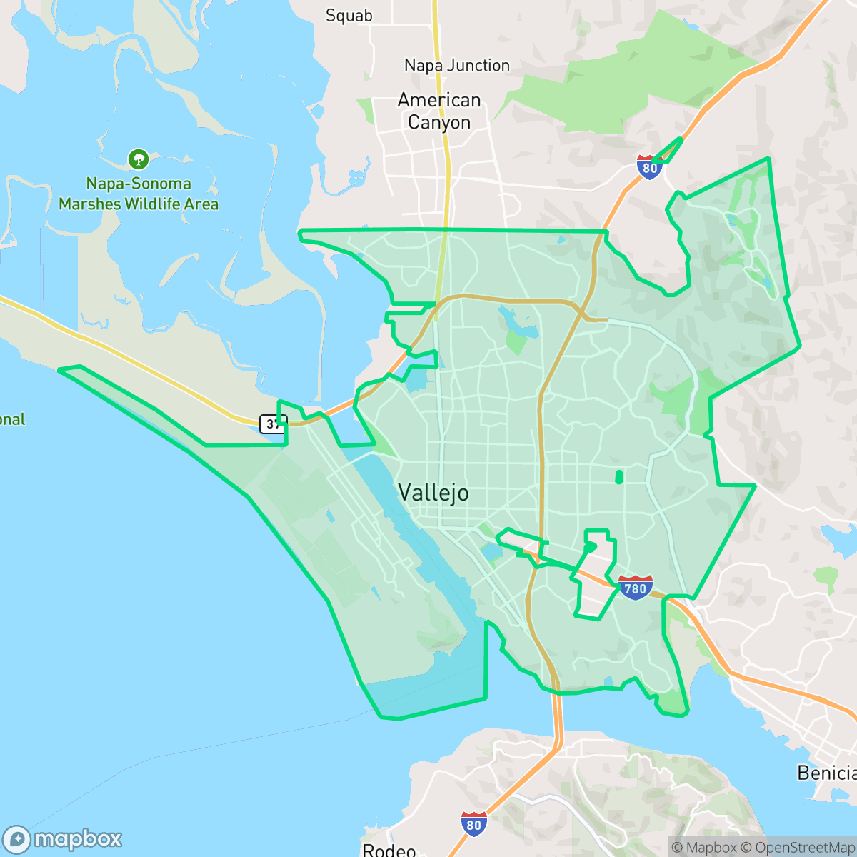 Map showing the location of Vallejo, CA — coverage area