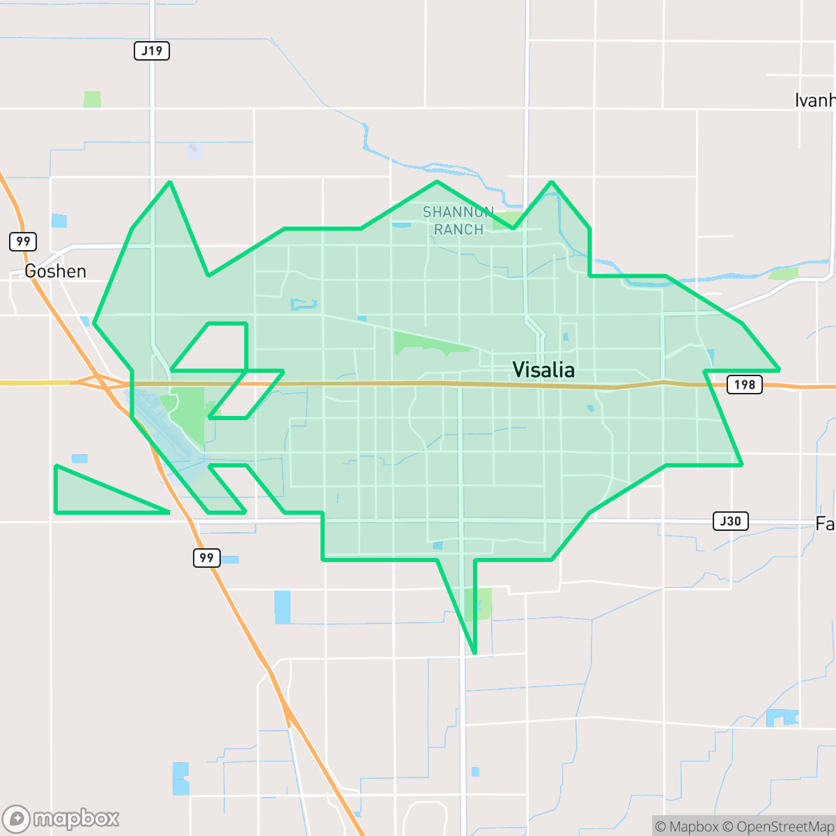 Map showing the location of Visalia, CA — coverage area