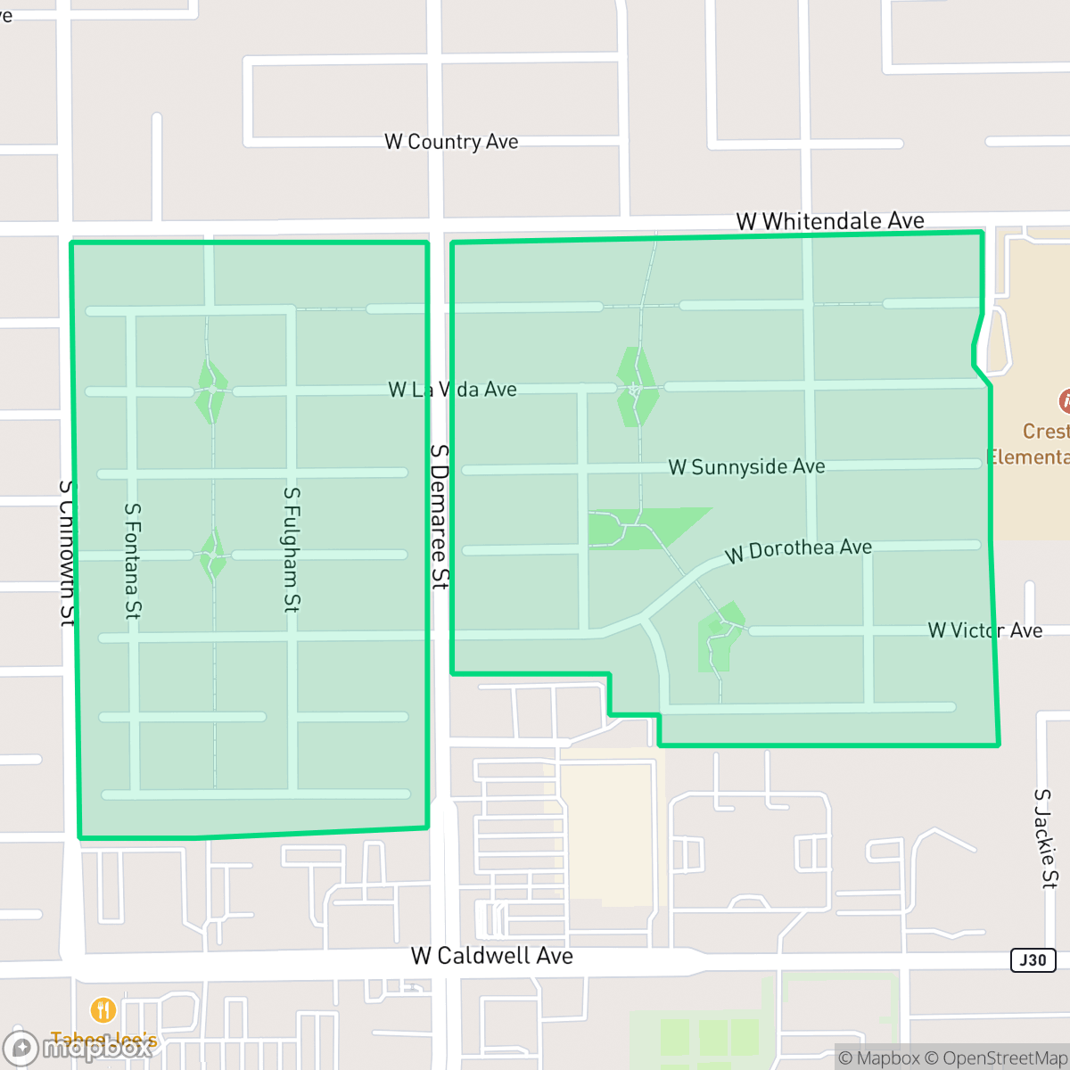 Map showing the location of Crestwood, Visalia, CA