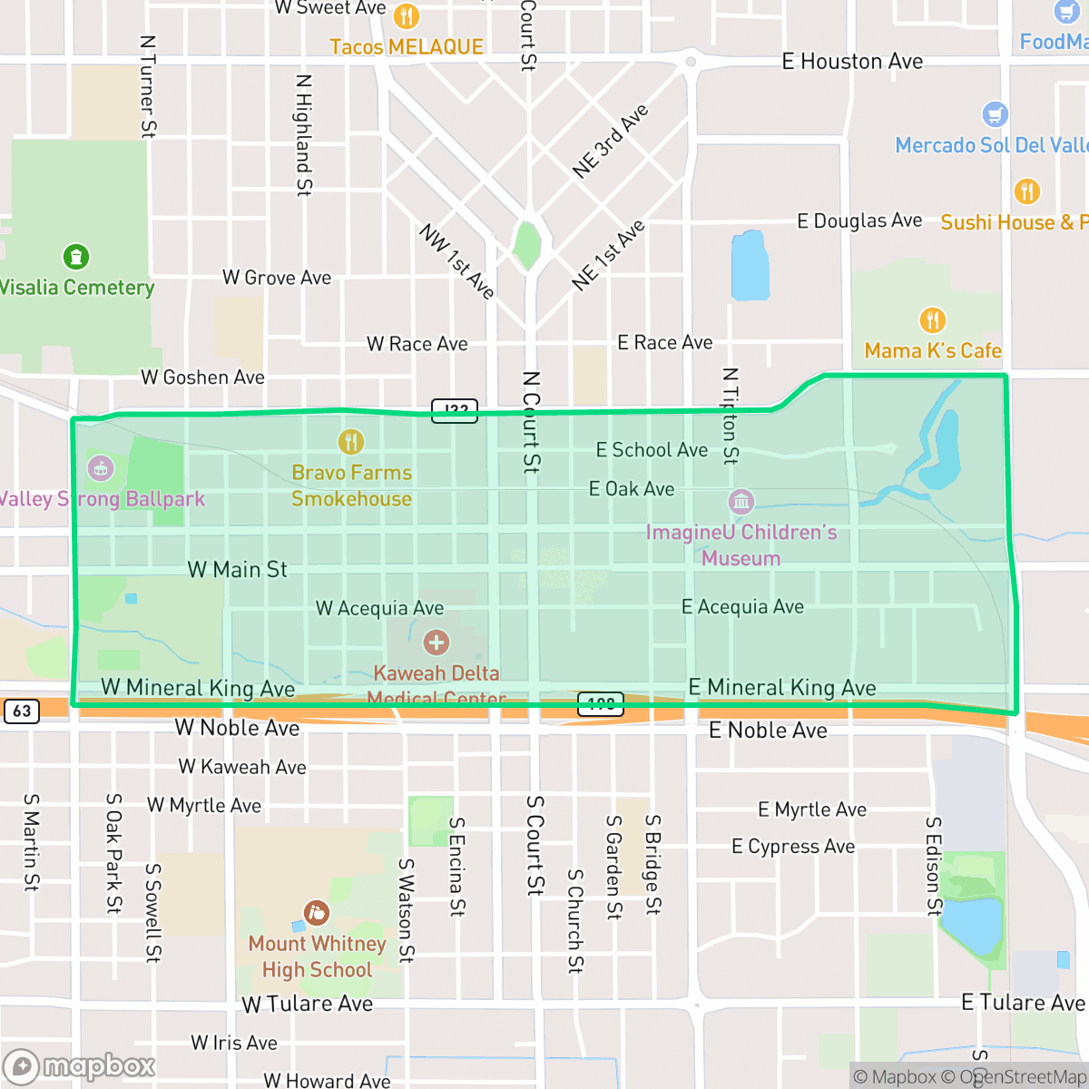 Map showing the location of Downtown, Visalia, CA