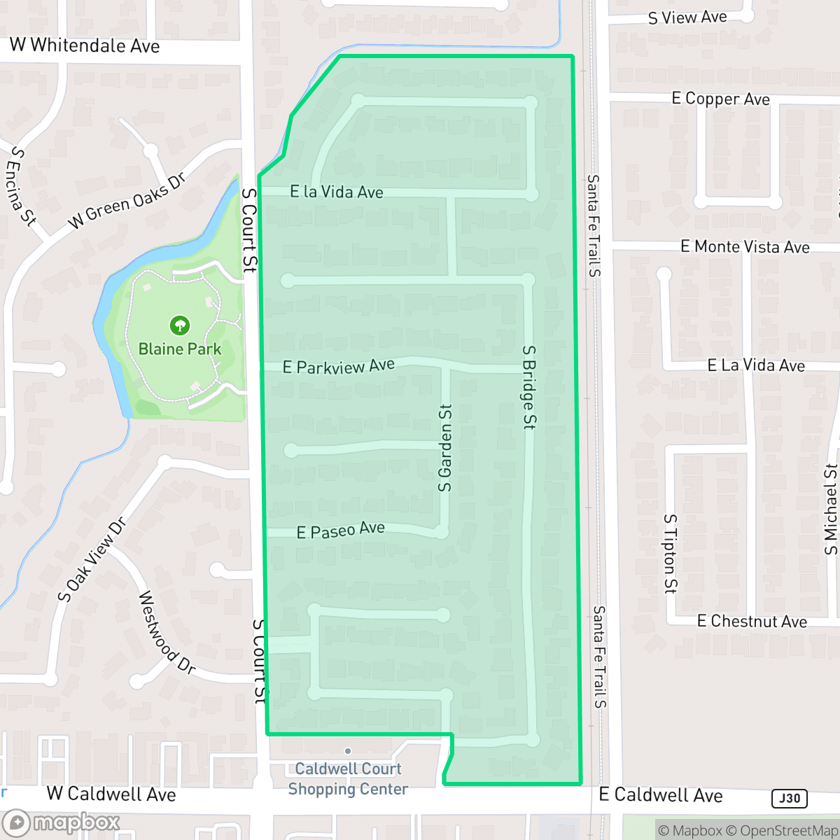 Map showing the location of Packwood Creek Estates, Visalia, CA