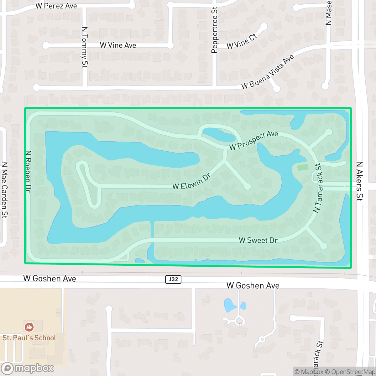 Map showing the location of The Lakes, Visalia, CA