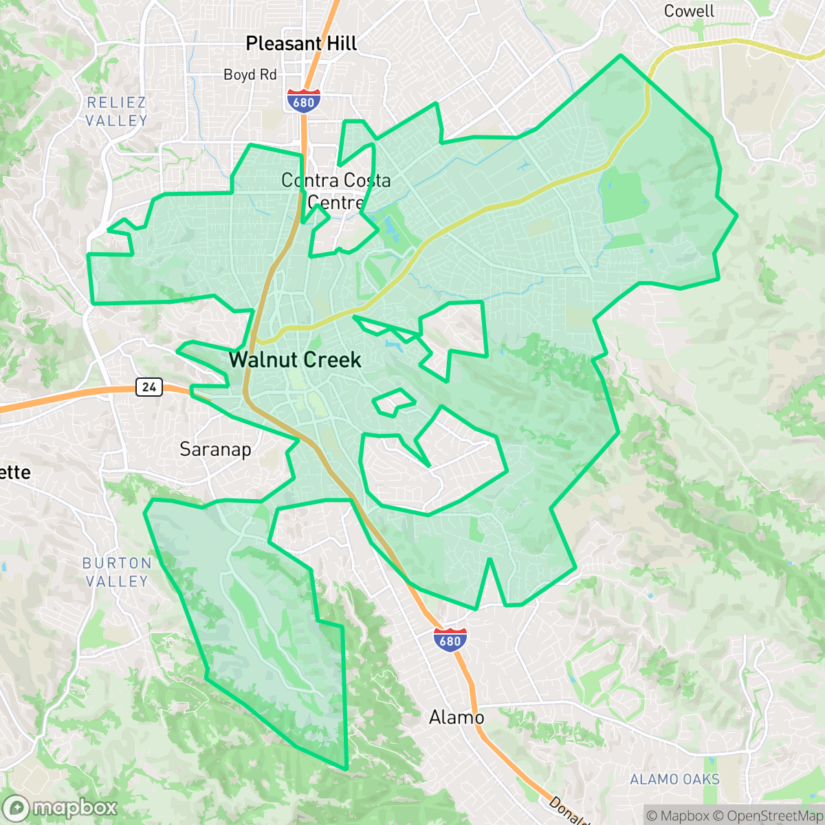 Map showing the location of Walnut Creek, CA — coverage area