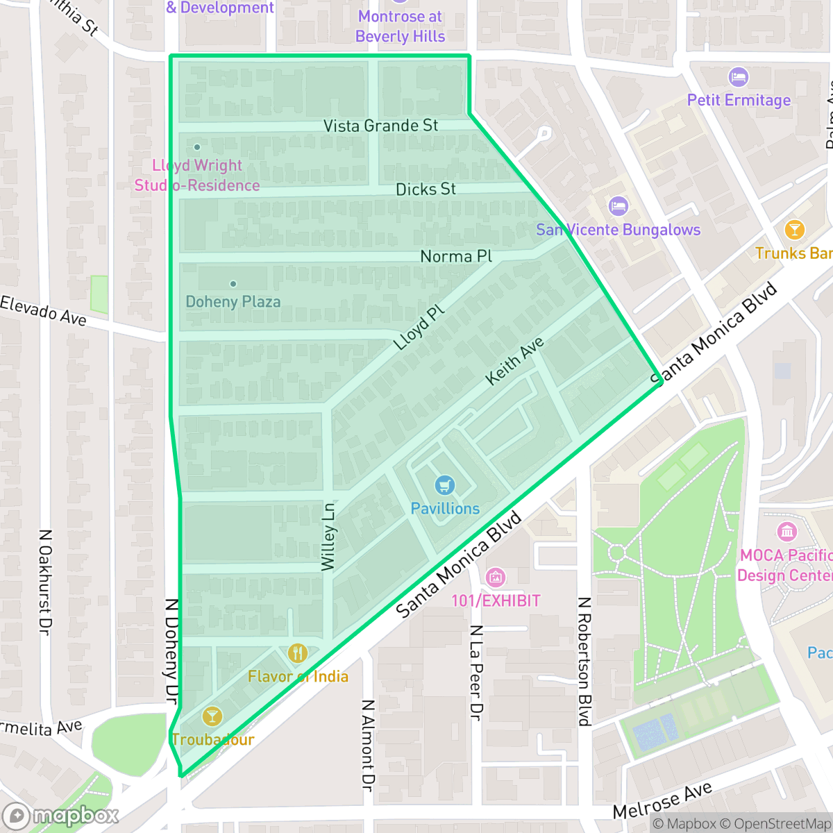 Map showing the location of Norma Triangle, West Hollywood, CA