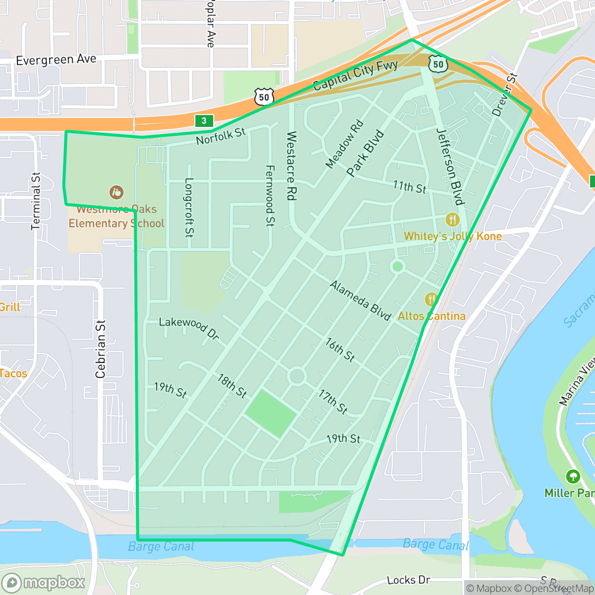 Map showing the location of Old West Sacramento, West Sacramento, CA