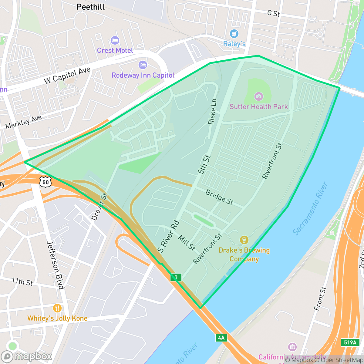 Map showing the location of Triangle, West Sacramento, CA