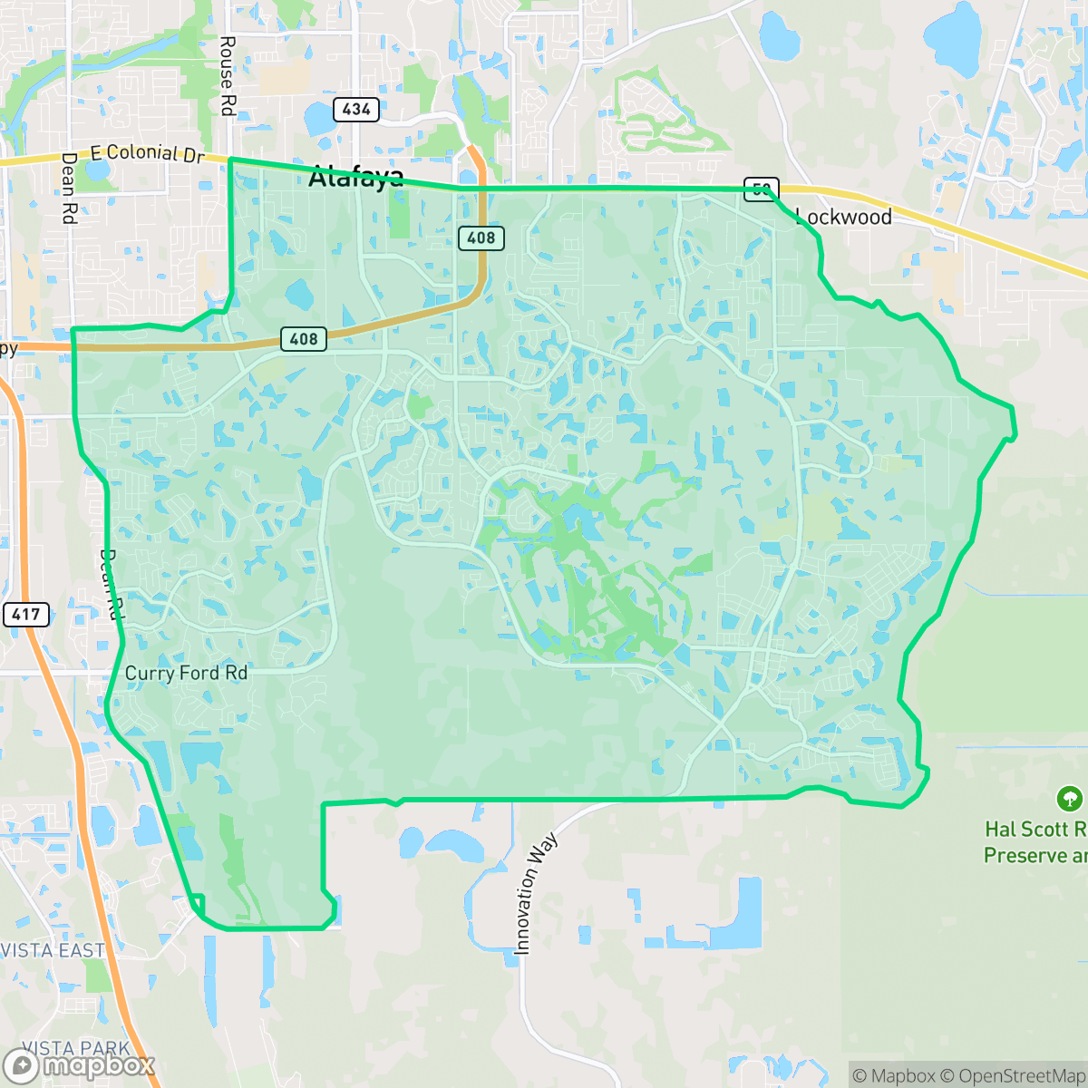 Map showing the location of Alafaya, FL — coverage area