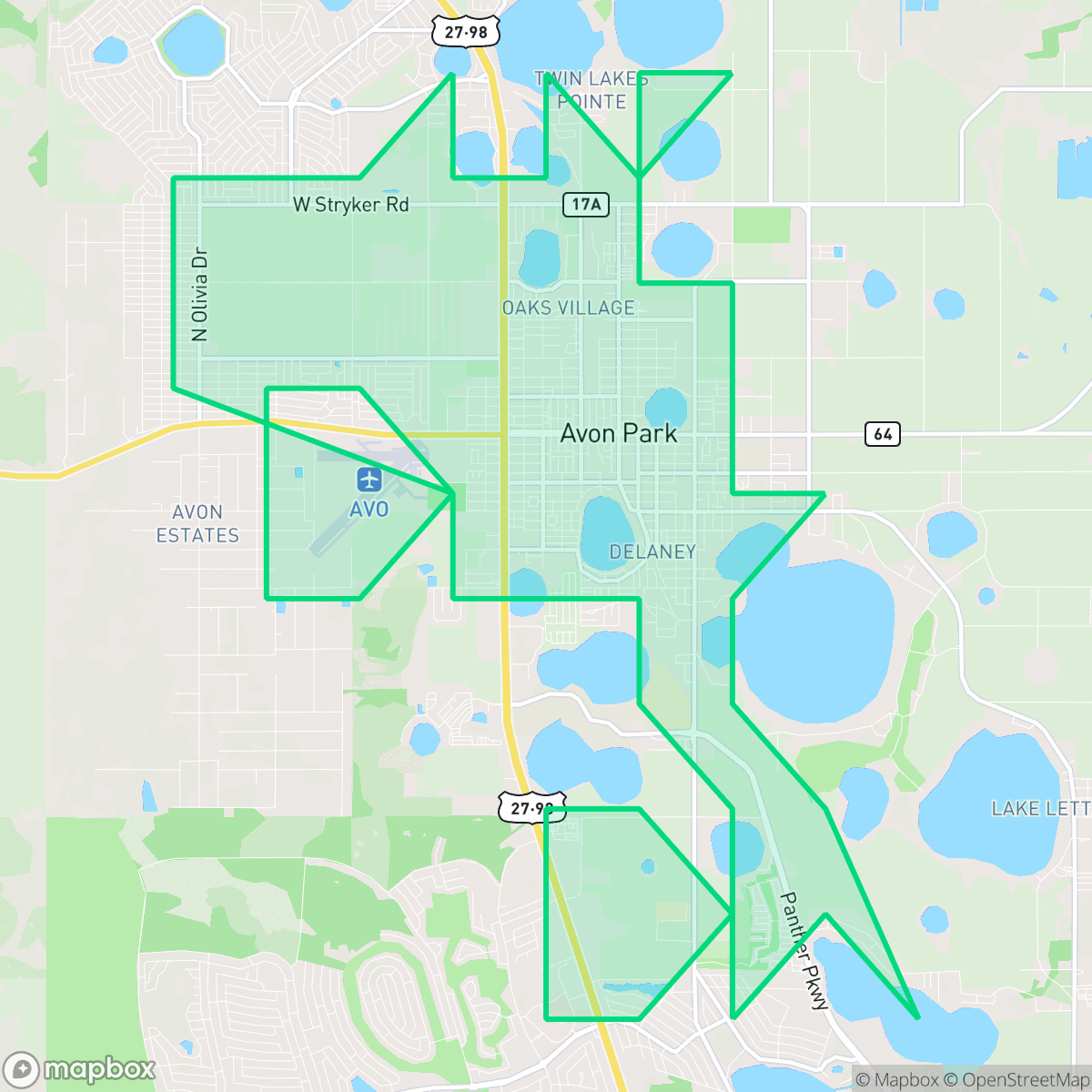 Map showing the location of Avon Park, FL — coverage area