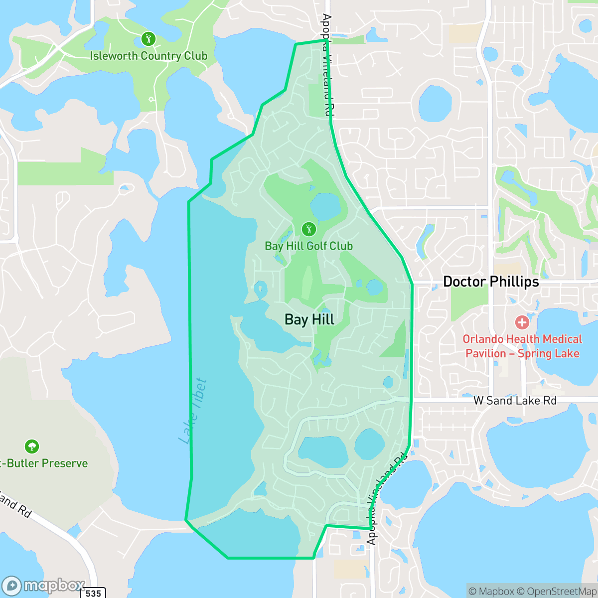 Map showing the location of Bay Hill, FL — coverage area