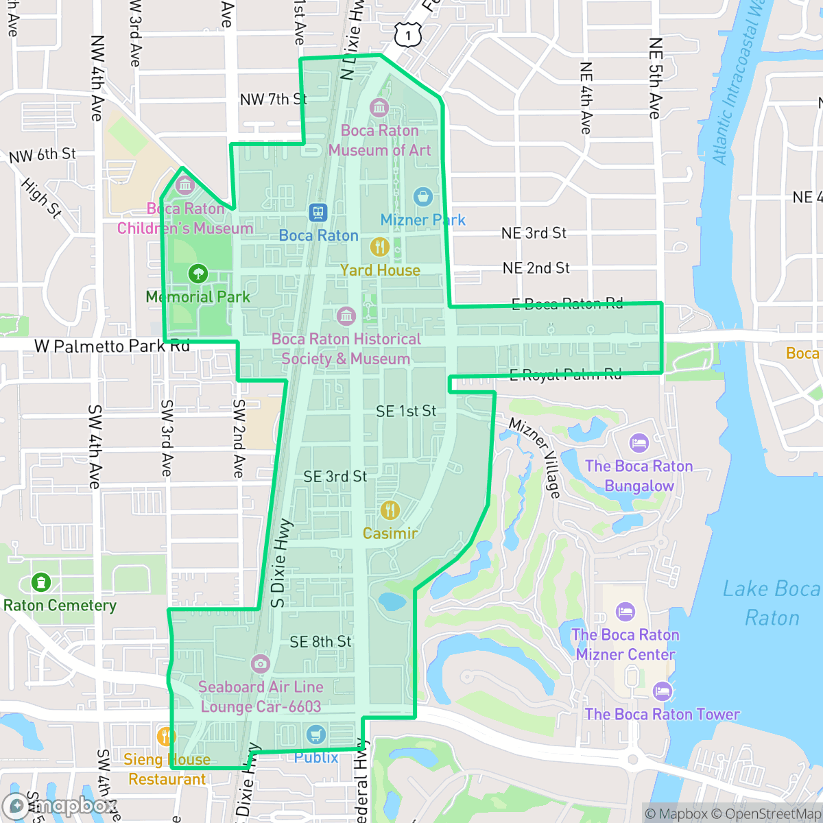Map showing the location of Downtown, Boca Raton, FL