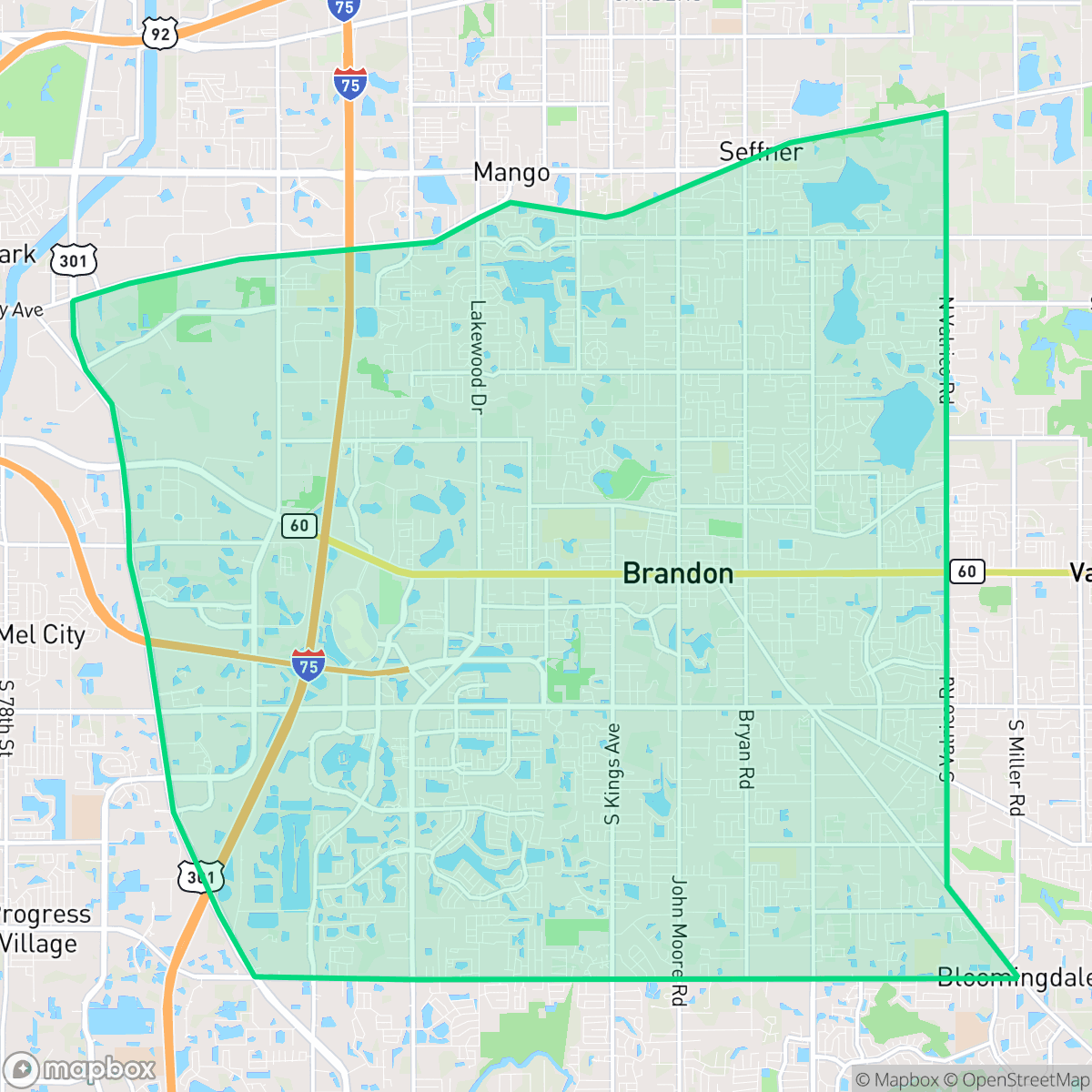 Map showing the location of Brandon, FL — coverage area