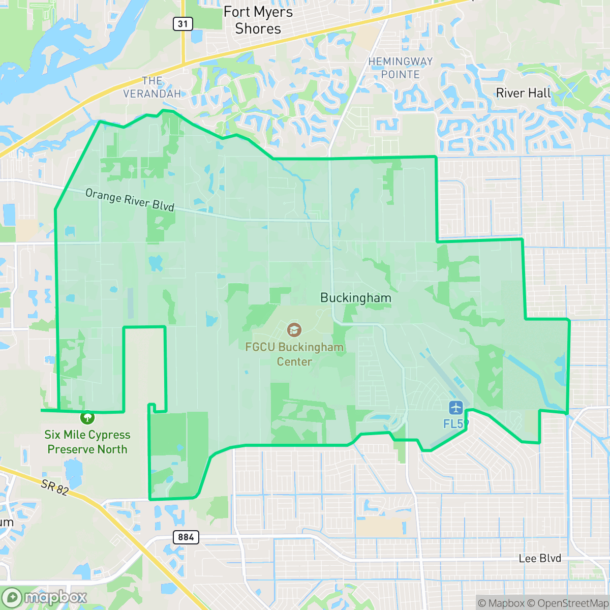 Map showing the location of Buckingham, FL — coverage area
