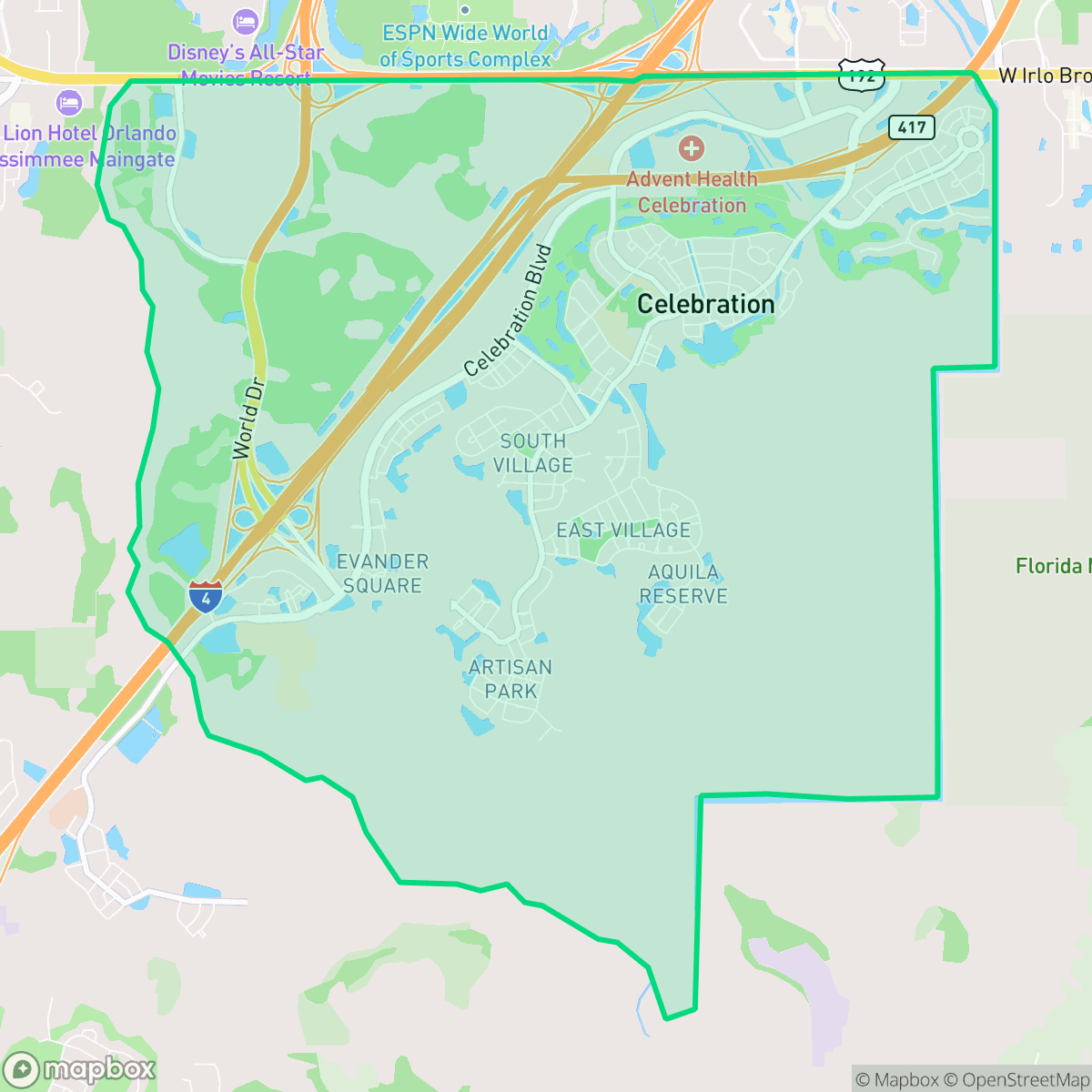 Map showing the location of Celebration, FL — coverage area