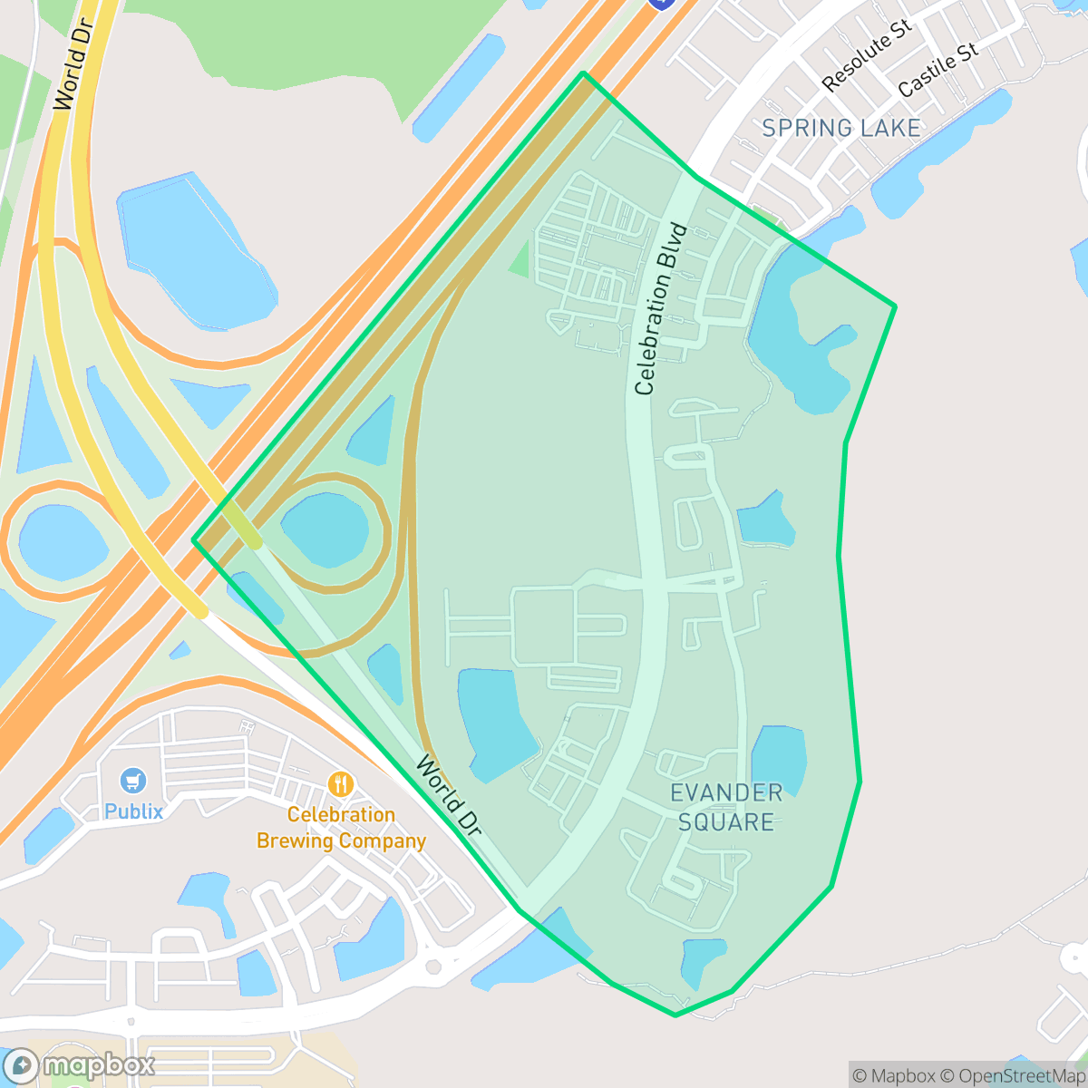 Map showing the location of Evander Square, Celebration, FL
