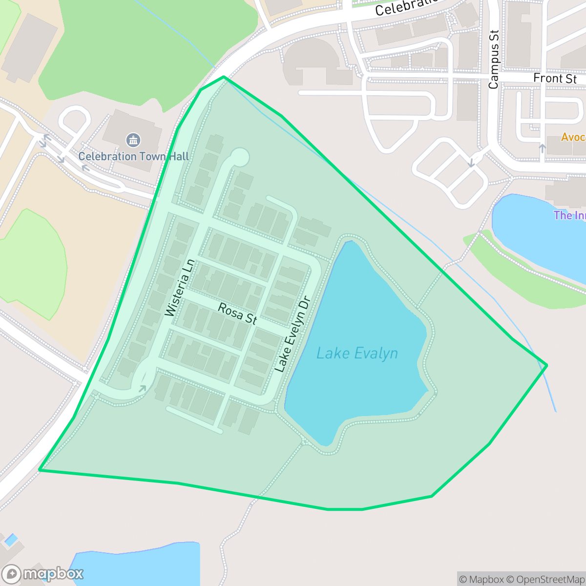 Map showing the location of Lake Evalyn, Celebration, FL