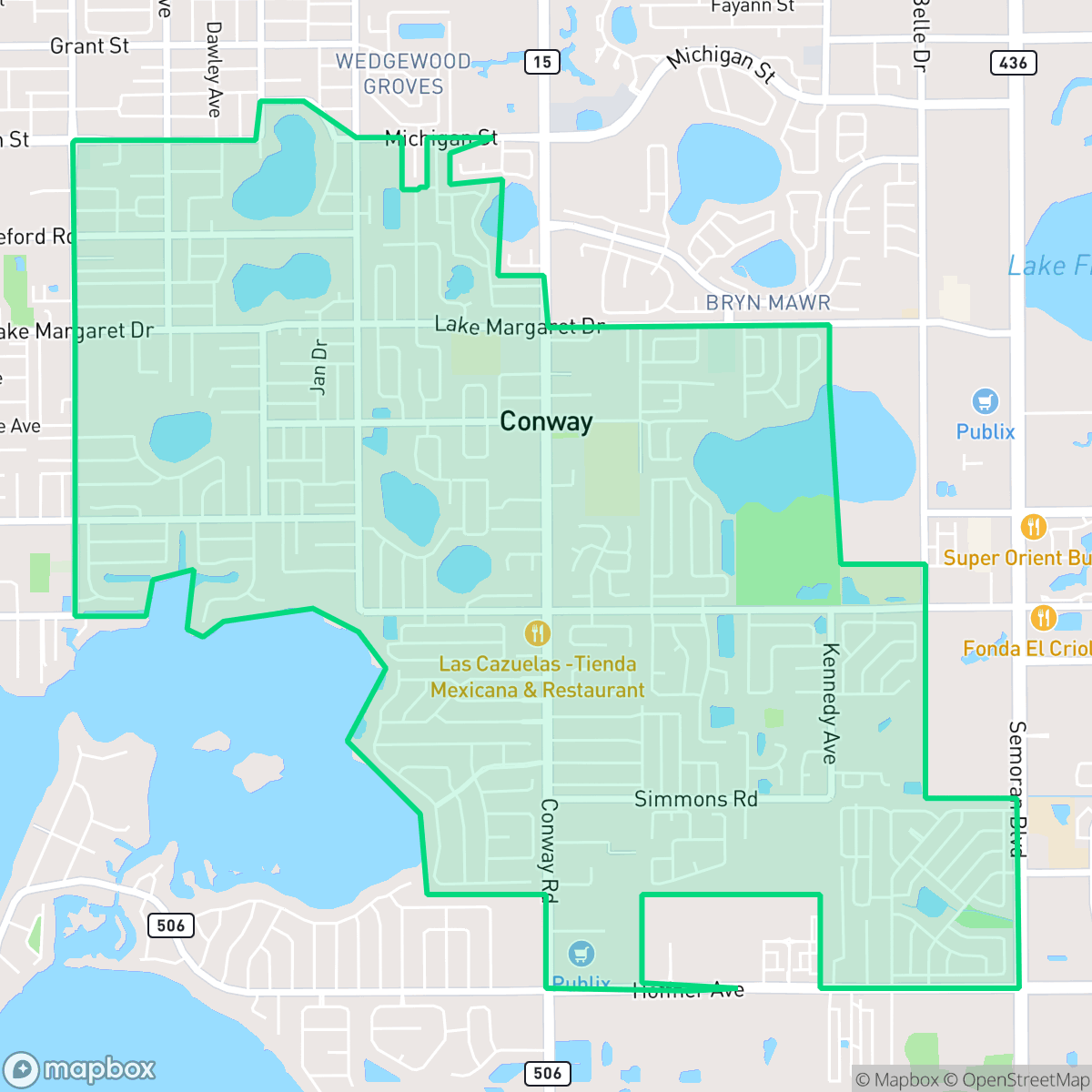 Map showing the location of Conway, FL — coverage area