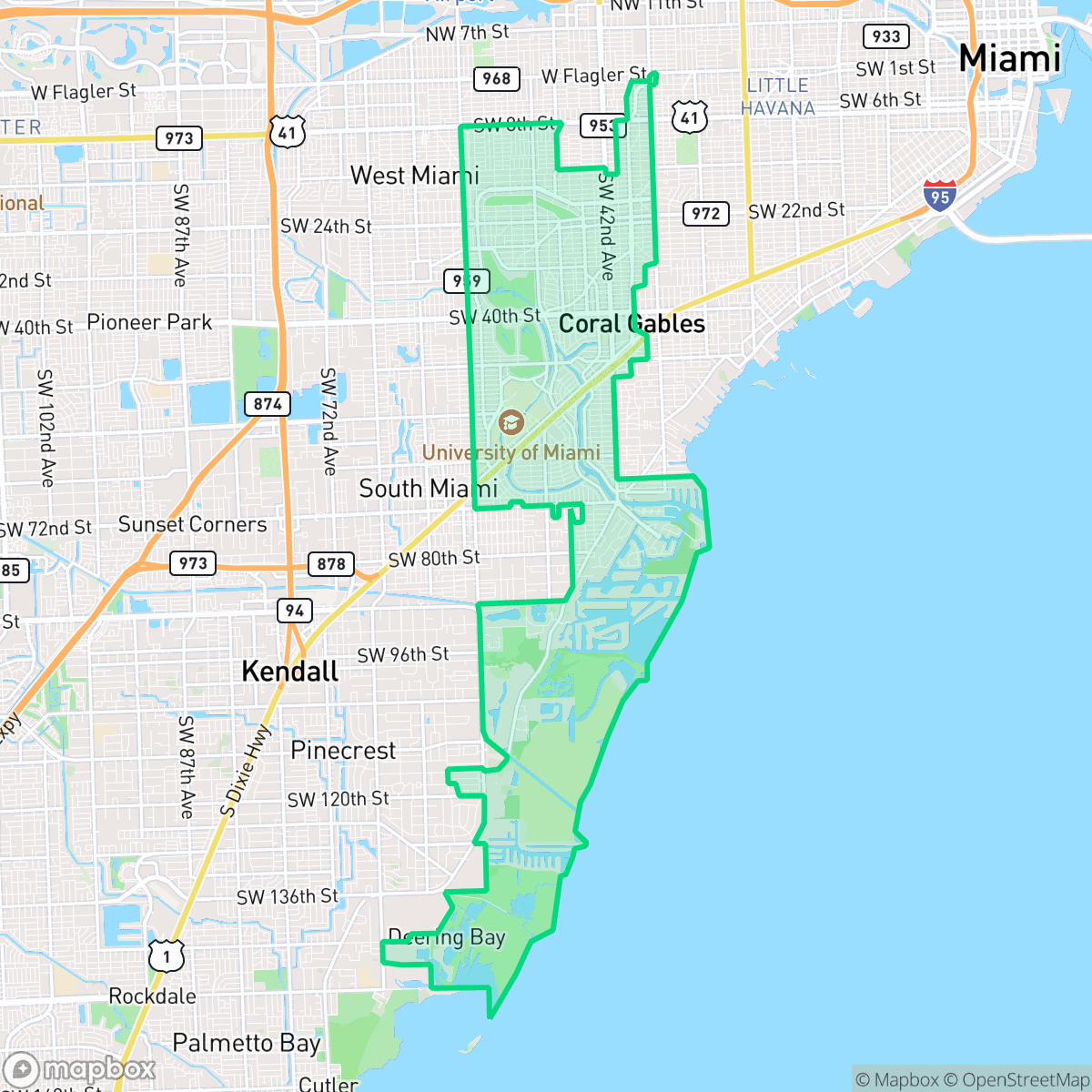 Map showing the location of Coral Gables, FL — coverage area