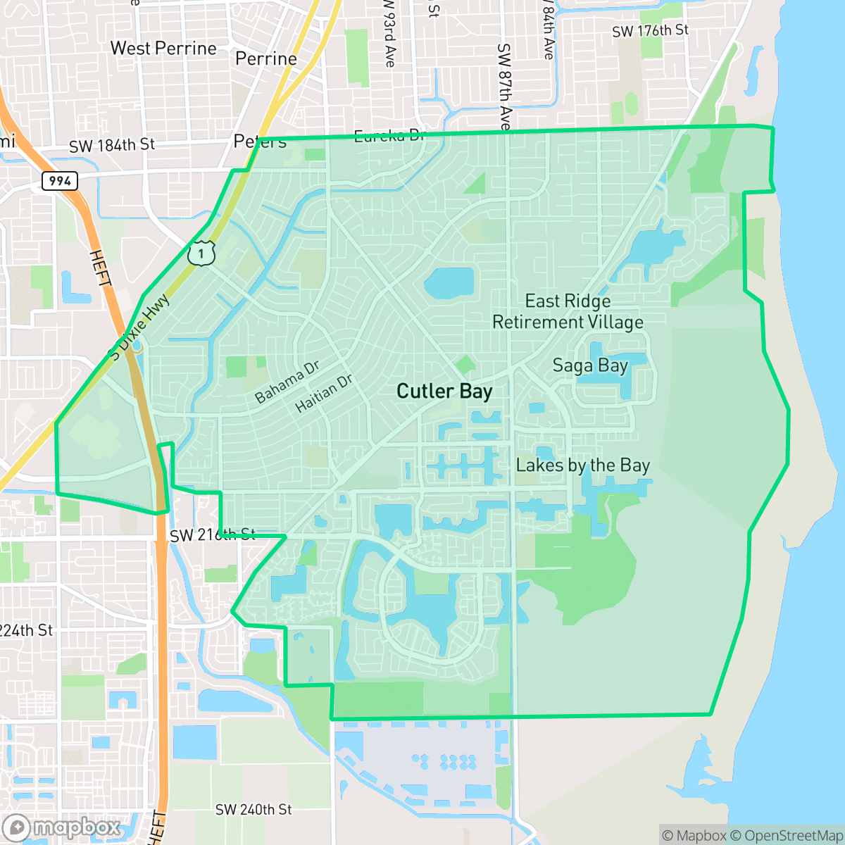 Map showing the location of Cutler Bay, FL — coverage area
