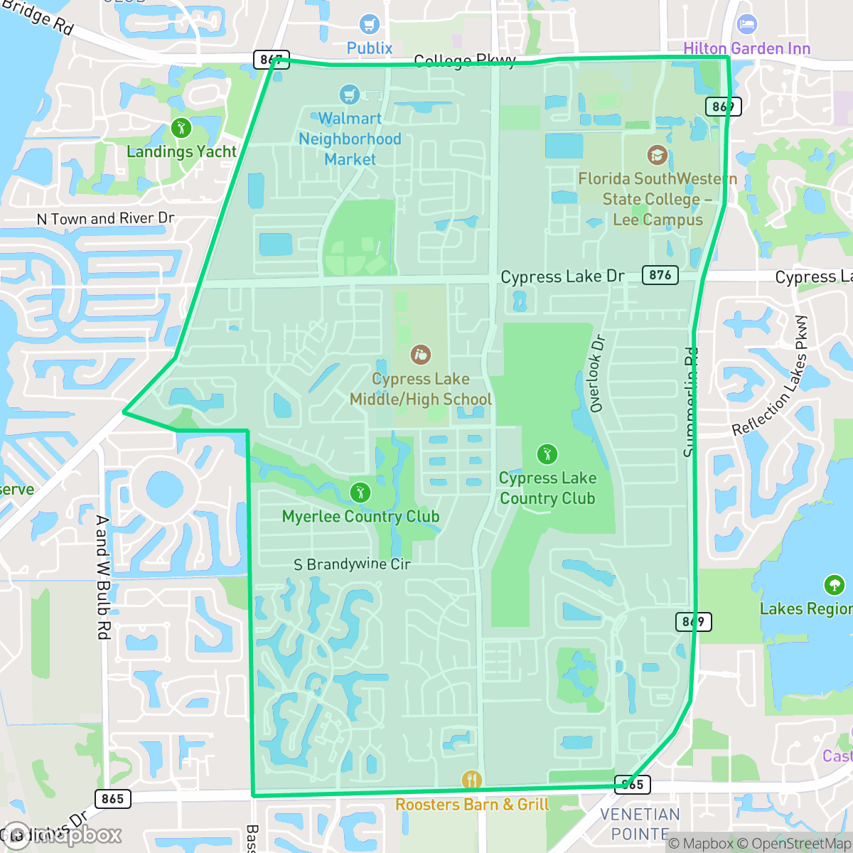 Map showing the location of Cypress Lake, FL — coverage area