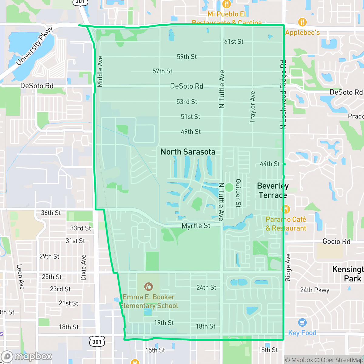 Map showing the location of North Sarasota, Desoto Lakes, FL