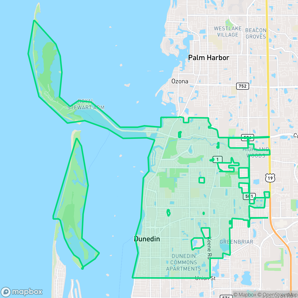 Map showing the location of Dunedin, FL — coverage area