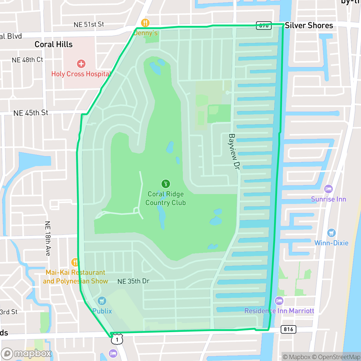 Map showing the location of Coral Ridge Country Club, Fort Lauderdale, FL